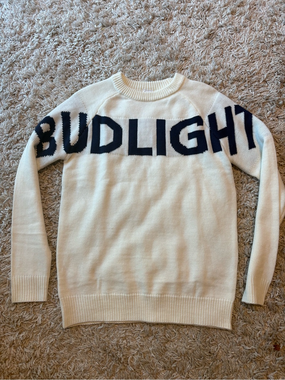 Bud Light Logo Crewneck Sweater - White/Navy, NWOT, size small.